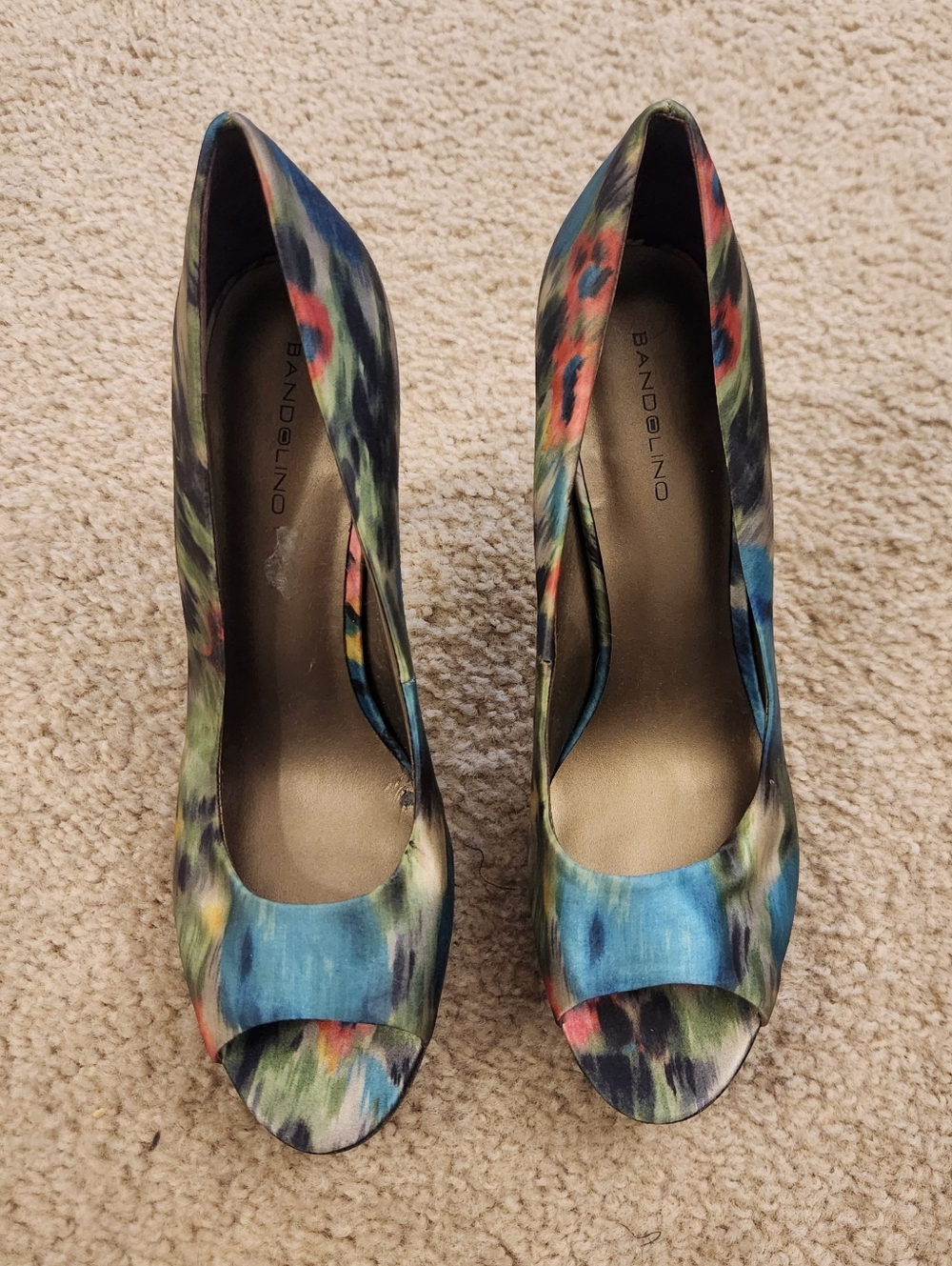 Bandolino High Heel Stiletto Shoe Platform Open Toe Satin Wooden Speckled 10M